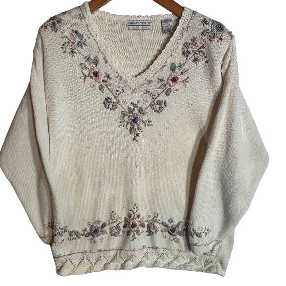 Vtg Carolyn Taylor Sweater Large White Pearl Accents Cottagecore Grannycore - Picture 1 of 6